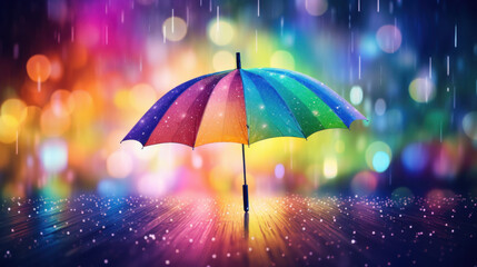 Colorful umbrella on rainbow bokeh background.