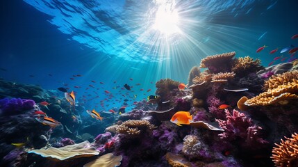 Obraz premium Below the surface, there is a vibrant group of fish swimming.