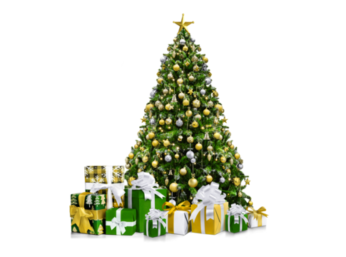 Decorated by gold and silver fir tree with presents isolated on white