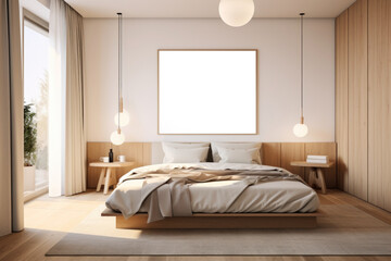 Bedroom in a white apartment with natural wood furniture and a painting, scandi-boho style