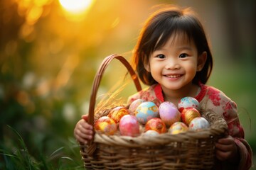Fototapeta na wymiar Landscape with Asian child with basket of Easter eggs, Easter egg hunt. Generative AI