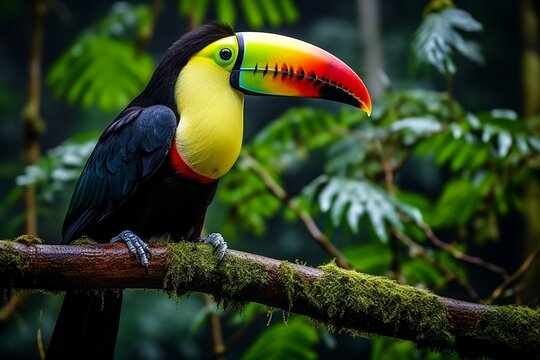 Keel billed Toucan perched on a forest branch in Panamas lush greenery