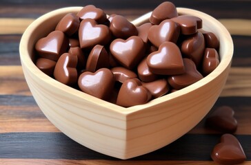 Obraz na płótnie Canvas Bowl full of hearts shaped like chocolate, wooden background, Easter holiday. Generative AI