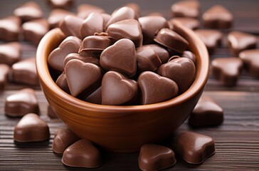 Bowl full of hearts shaped like chocolate, wooden background, Easter holiday. Generative AI