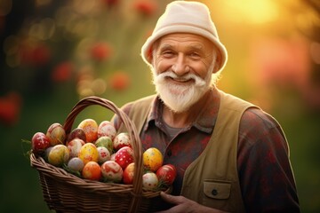 Elderly man with basket of Easter eggs, sunset in the background, Easter holiday concept. Generative AI
