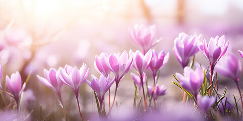 Spring banner with crocus flowers in the sunlight. Beautiful blooming purple flowers.