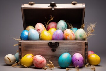 Illustration of chest full of easter eggs, easter holiday and culture concept. Generative AI