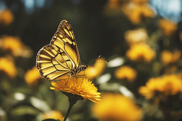 Fototapeta na wymiar Yellow butterfly. Butterfly on yellow flowers. Selective focus. AI generated.
