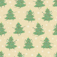 Seamless pattern with kawaii doodle Christmas tree dancing isolated on a beige background. Children's handmade naive style. Simple New Year character happy spruce for festive packaging and textiles