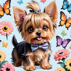 Cute Terrier puppy with flowers and butterflies art
