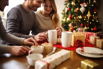 Fototapeta na wymiar couple wrapping presents, mugs of eggnog in foreground