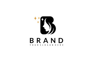 Beautiful woman vector logo design with letter B combination decorated with stars - obrazy, fototapety, plakaty
