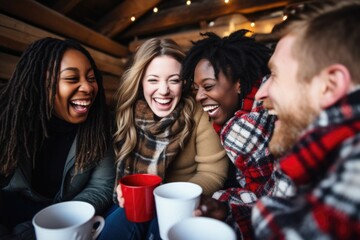 multi-racial friends laughing over cups of hot chocolate