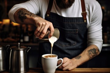 Fototapeta na wymiar man pouring milk into coffee
