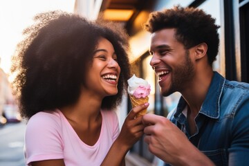 two people sharing an ice cream cone - obrazy, fototapety, plakaty