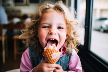 a child licking a double scoop ice cream - obrazy, fototapety, plakaty