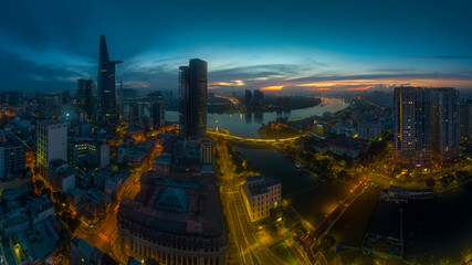 Fototapeta na wymiar August 23, 2023: Panorama of District 1, Ho Chi Minh City in the early morning