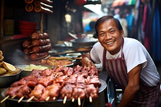 filipino street vendor with pork lechon barbecue