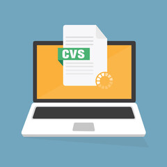 Laptop su schermo file CSV, tipo di documento con valori separati da virgole. Scarica il file con il design   dell'etichetta CSV e l'illustrazione