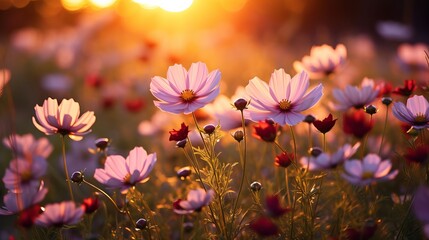 Obraz premium Wildflowers glowing and illuminated by the vibrant sunset light