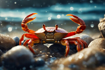 Crab. Crab on the shore of the sea. Selective focus. AI generated