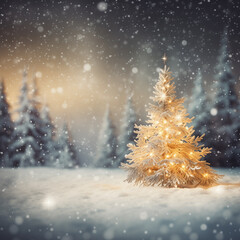 Fototapeta na wymiar A white Christmas tree with snow and bokeh effect