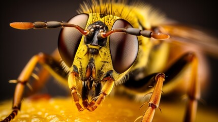 A close-up of a small yellow fly is spooky when the focus is on it - obrazy, fototapety, plakaty