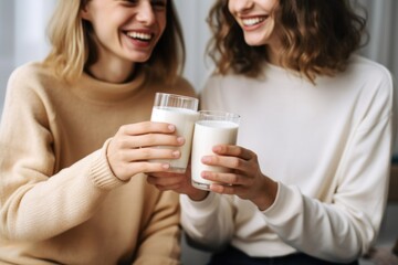 two friends toasting with glasses of oat milk