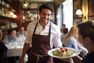 waiter serving pasta in bustling italian restaurant - obrazy, fototapety, plakaty