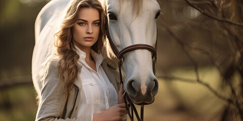 Beautiful young woman posing with a horse outdoors, showing equestrian elegance.