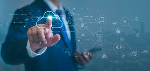 cloud technology cloud data transfer Businessman touching virtual screen and online storage for...