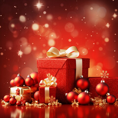 Red gift boxex with golden ribbons and christmas balls on red background