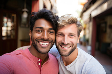 Happy gay couple hugging with love and pride outdoors, celebrating their diverse, modern relationship.
