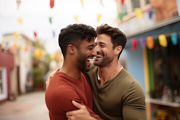 Happy homosexual couple hugging outdoors, expressing love and togetherness, conveying the joy of their modern relationship.