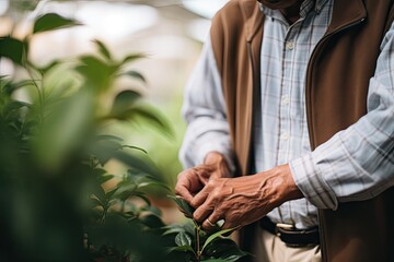 An elderly man looks after and cares for plants in his garden or greenhouse.