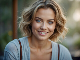 Obraz premium Portrait of beautiful adult woman with short blond hair smiling, she is sitting outdoors in a park. Wearing elegant simple blue knitwear. Professional photography.