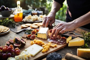 hand picking smoked cheese from a cheeseboard at a party
