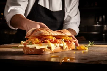 Foto op Canvas chef layering smoked cheese on a gourmet sandwich © Sergey