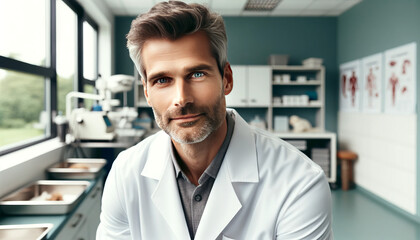 Fototapeta premium Caring Hands: Veterinarian in Modern Animal Clinic
