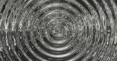 Metallic ripples spreading concentrically. Monochrome background. 3D rendering.