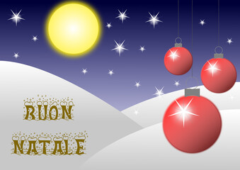 Paesaggio innevato con decorazioni natalizie e scritta Buon Natale