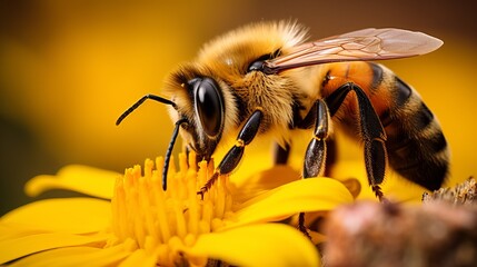 Concentrate on the hairy leg of a small bee with a keen eye. - obrazy, fototapety, plakaty
