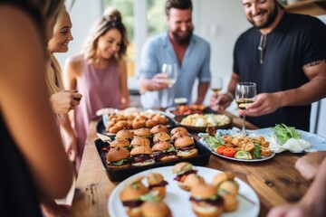 friends sharing bbq pork sliders at party
