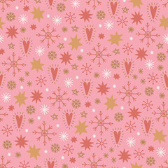 Christmas seamless pattern with hearts, stars, snowflakes on pink background