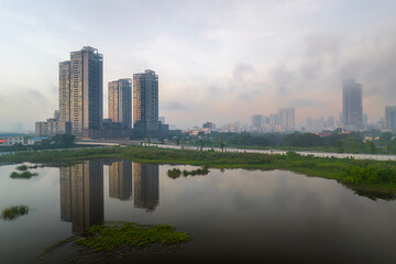 Fototapeta na wymiar August 23, 2023: Panorama of District 1, Ho Chi Minh City in the early morning