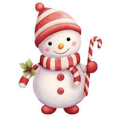 Cute Snowman Candy Cane Christmas Watercolor Clipart Illustration