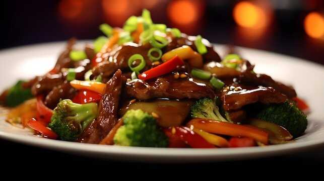 Close-up details of a delicious Chinese stir-fry, capturing the vibrant vegetables, perfectly cooked proteins, and the glossy sauce against a simple white background, background image, generative AI