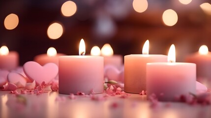 Obraz na płótnie Canvas Close-up image showcasing the soft, flickering glow of candles arranged in a romantic setting against a Valentine's Day-themed background, generative AI