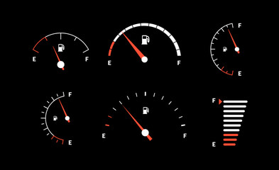 Fototapeta premium Fuel indicator meter or fuel gauge for petrol, gasoline, diesel level count. Control gas tank fullness. Set of fuel gauge scales icons. Car dial petrol gasoline dashboard. Vector illustration