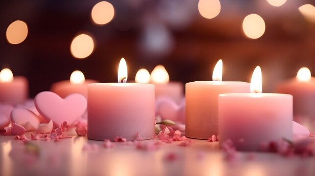 Close-up image showcasing the soft, flickering glow of candles arranged in a romantic setting against a Valentine's Day-themed background, generative AI